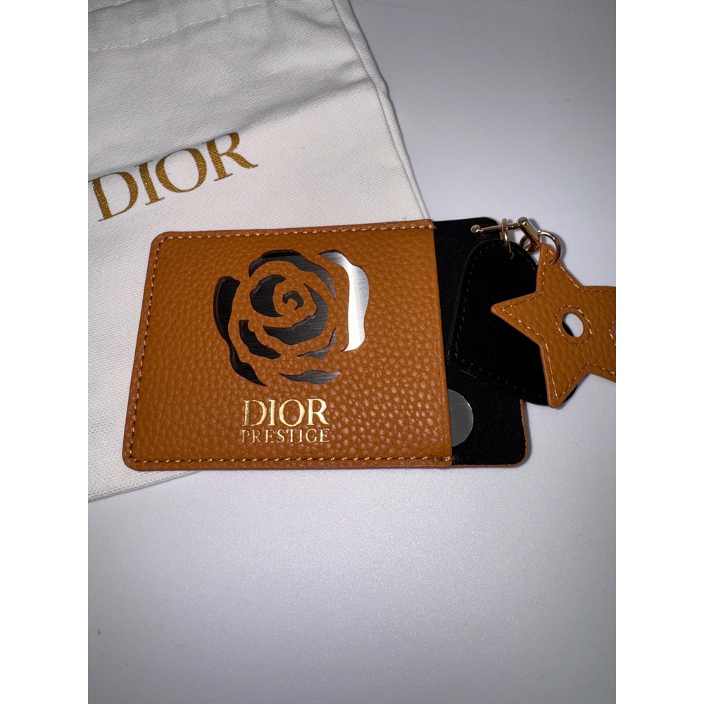 Dior GWP Prestige Pocket Mirror Tan Faux Leather Case Star Charm & Dust Bag NWOT - Picture 3 of 4